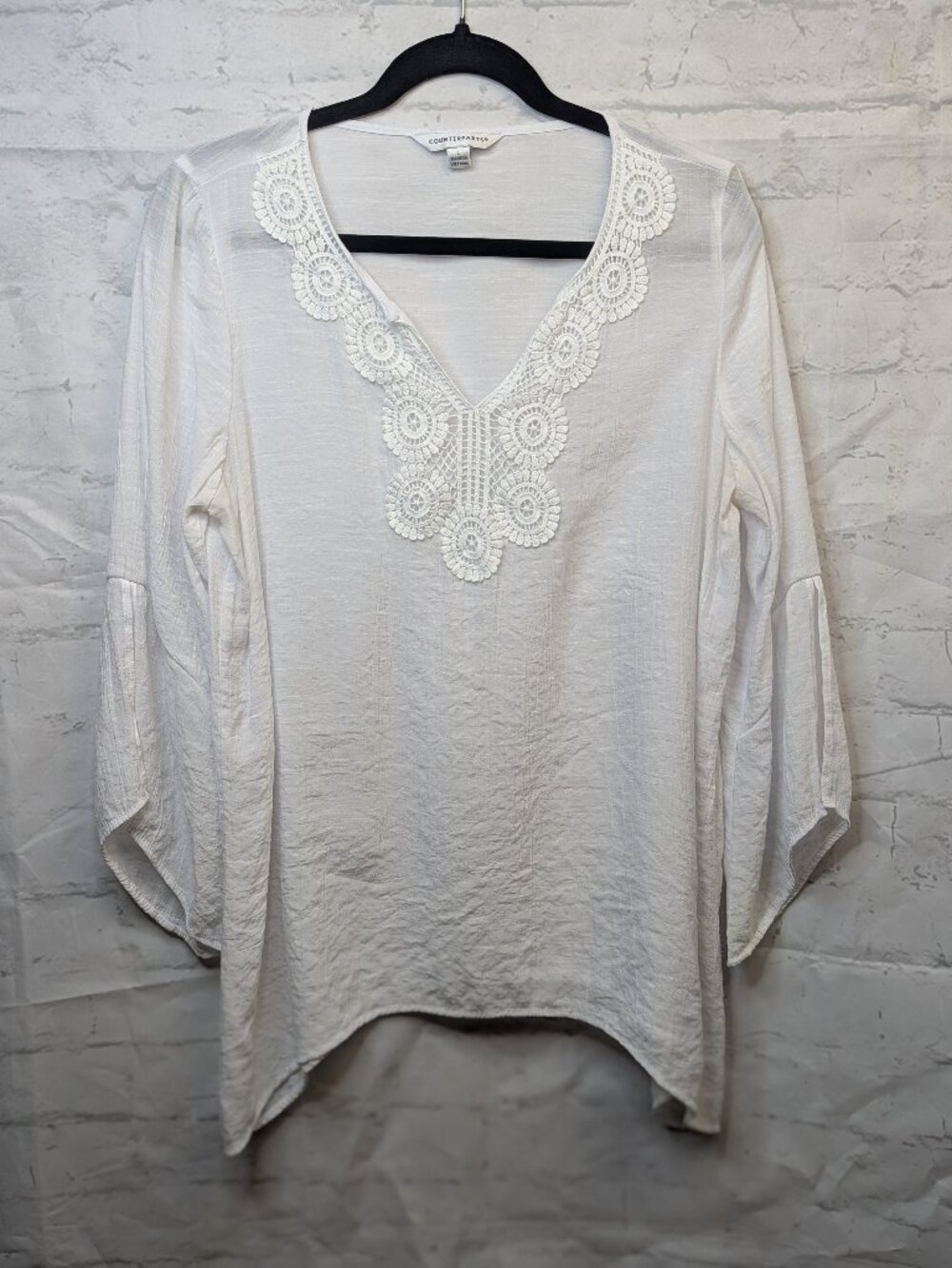 Counterparts Womens Large White Embroidered V-Neck Bell Sleeve Tunic Blouse